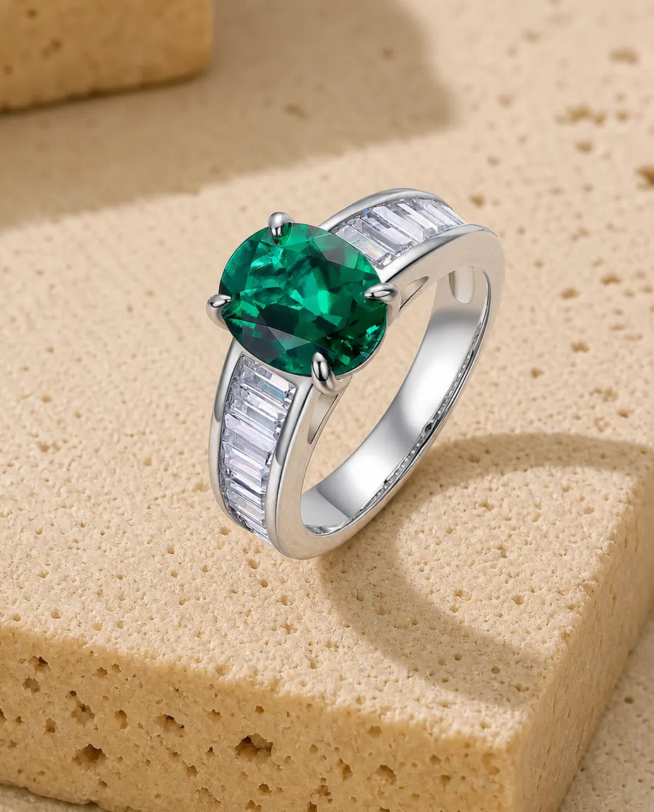 Anillo solitario de esmeralda de laboratorio – ovalado con hombros baguette en carril, plata de ley 925