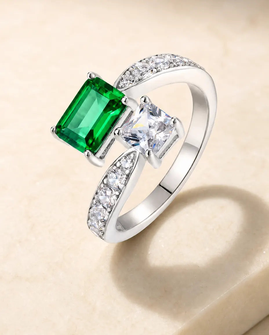 Anillo de esmeralda tú y yo – esmeralda creada en laboratorio y circonita, plata de ley 925 ajustable