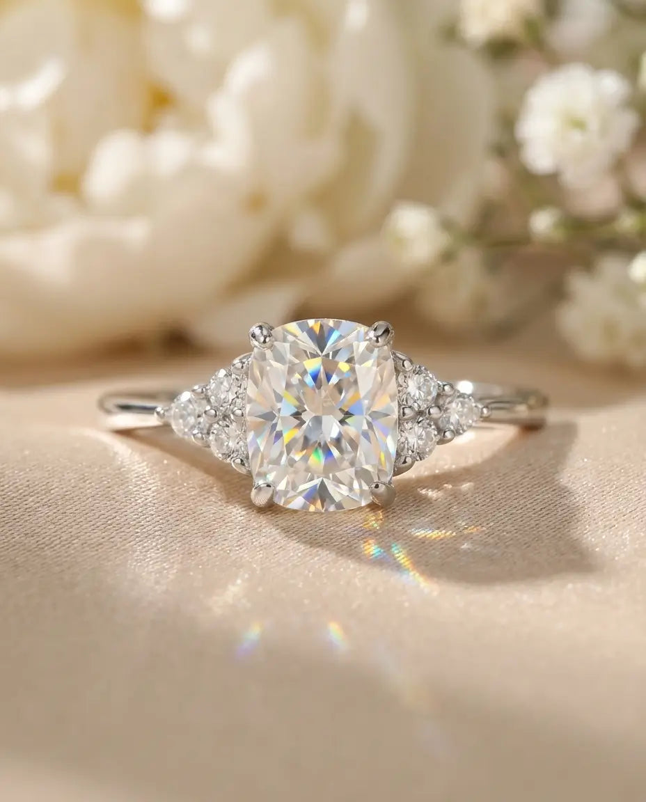 Anillo de moissanita de 1 ct talla cojín alargado color D VVS1 – orla de piedras en plata de ley 925, anillo de pedida