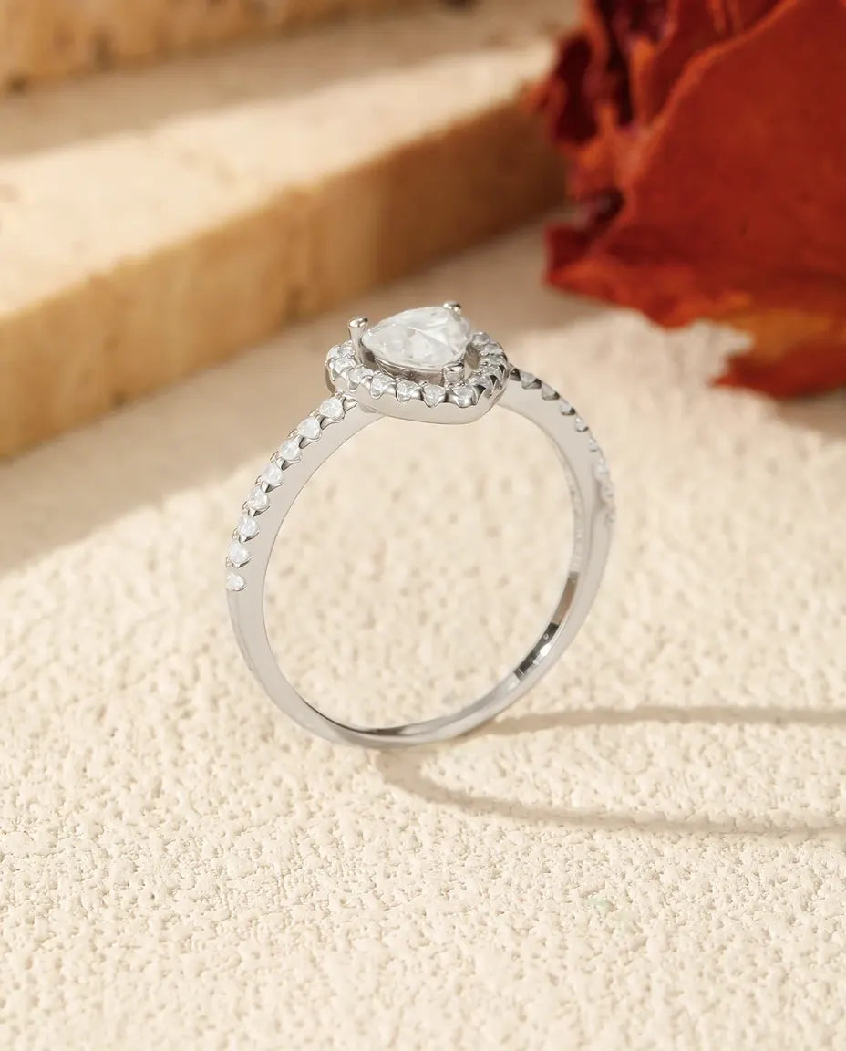 Anillo de moissanita – corazón de 0,5 ct color D con halo, plata de ley 925, anillo de promesa para regalar