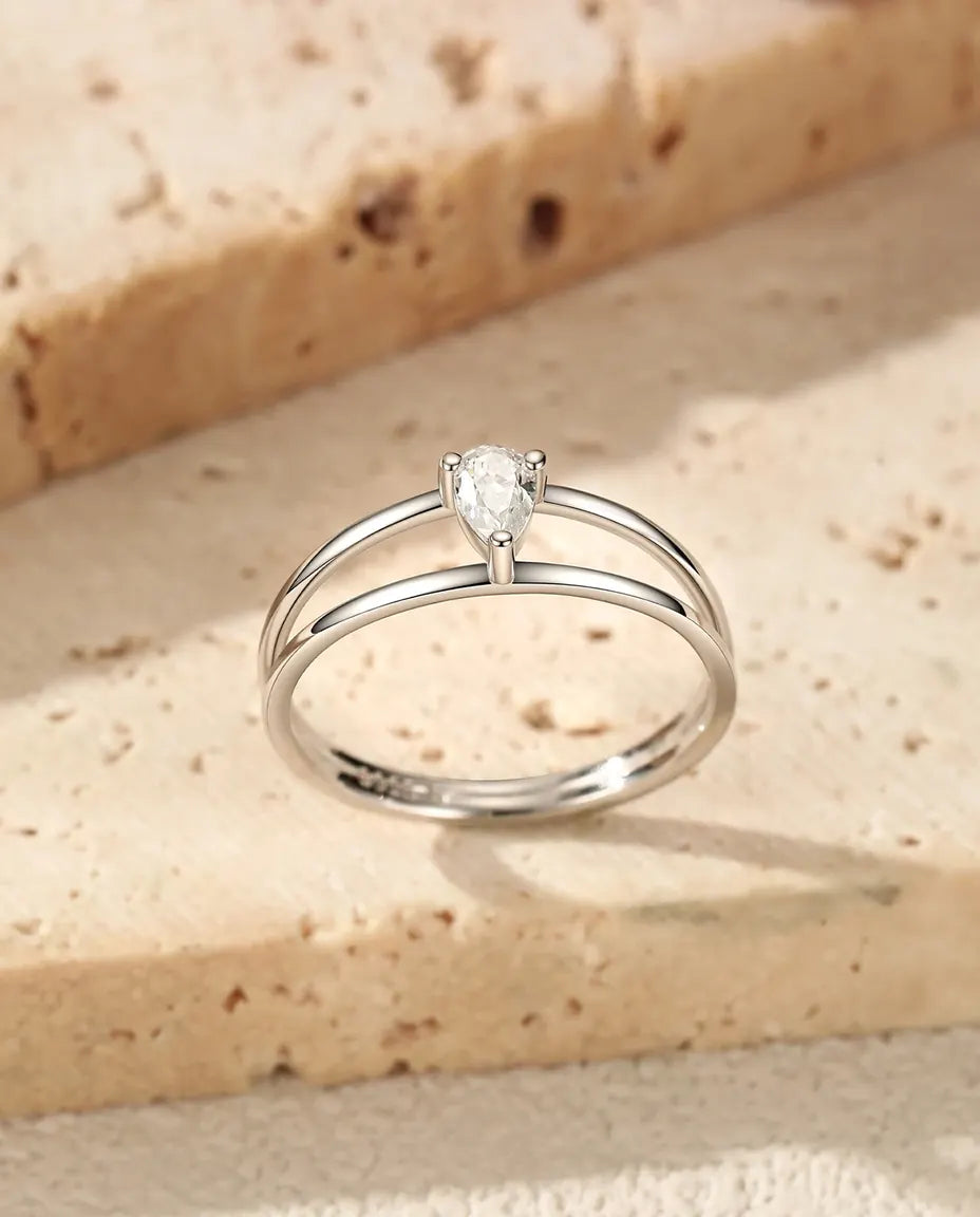 Anillo de moissanita – doble aro minimalista con piedra talla pera de 0,3 ct color D, plata de ley 925, para mujer