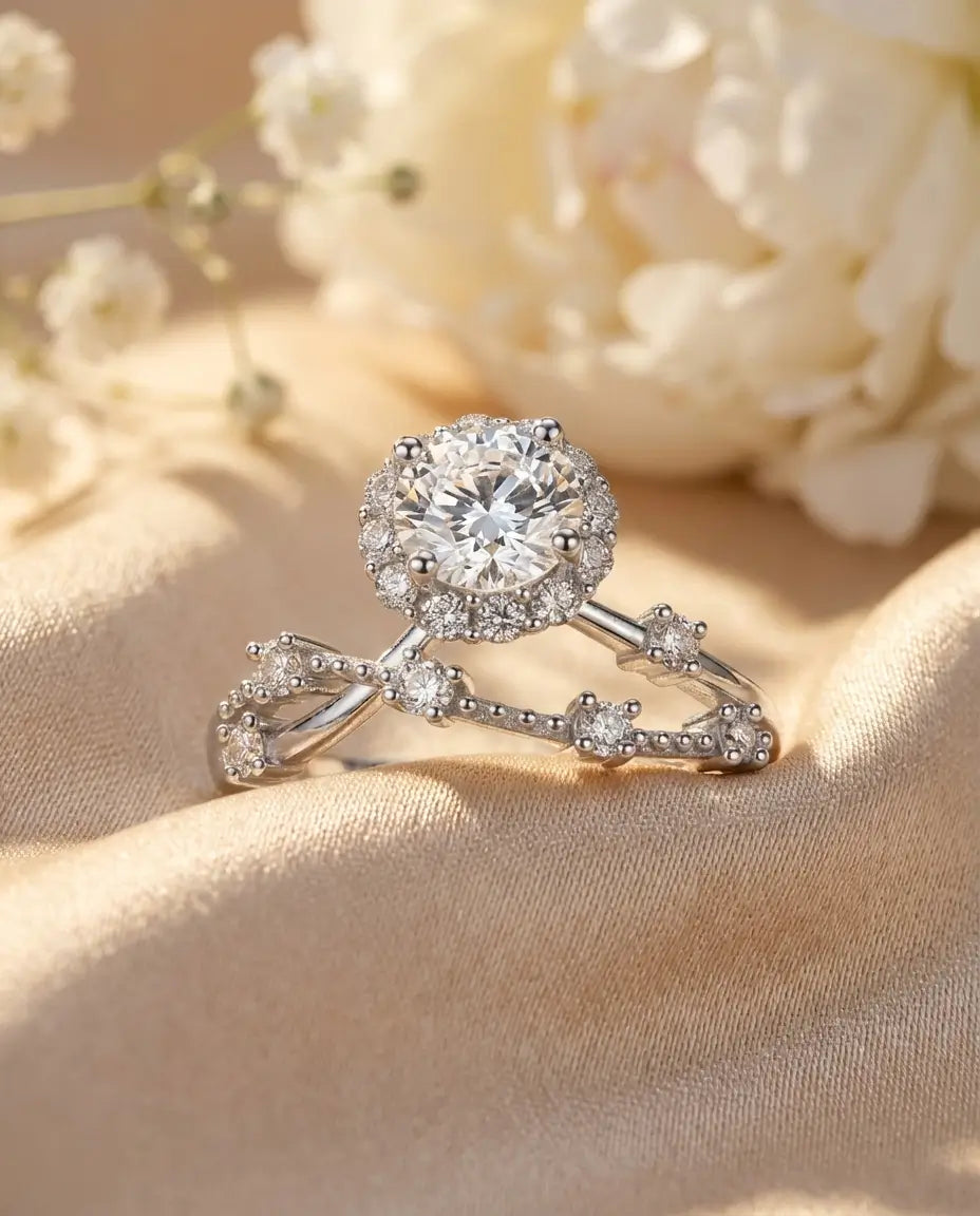 Anillo de moissanita con halo 0,8 ct – aro trenzado vintage de plata de ley 925, anillo de compromiso
