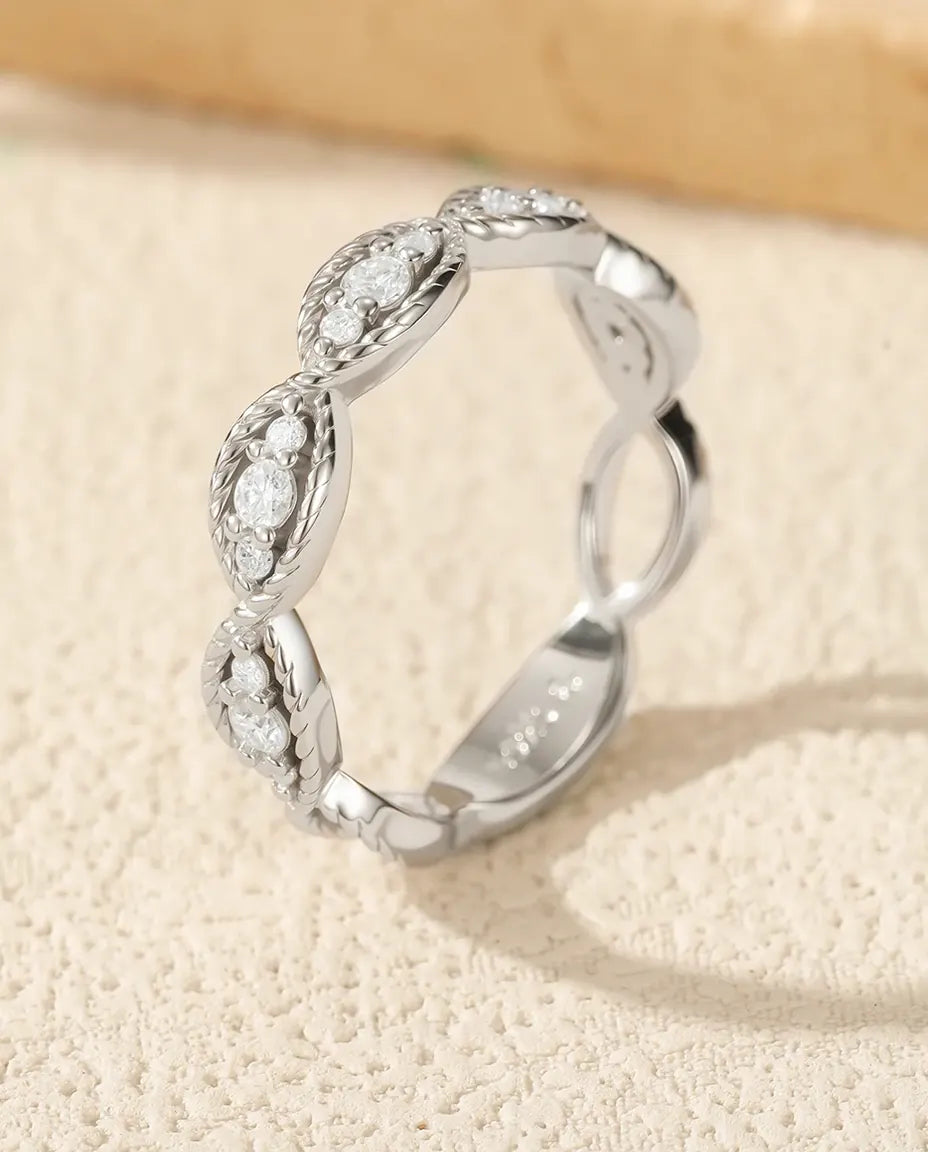 Anillo de moissanita – alianza vintage de marquesas con milgrain, 15 piedras color D VVS1, plata de ley 925