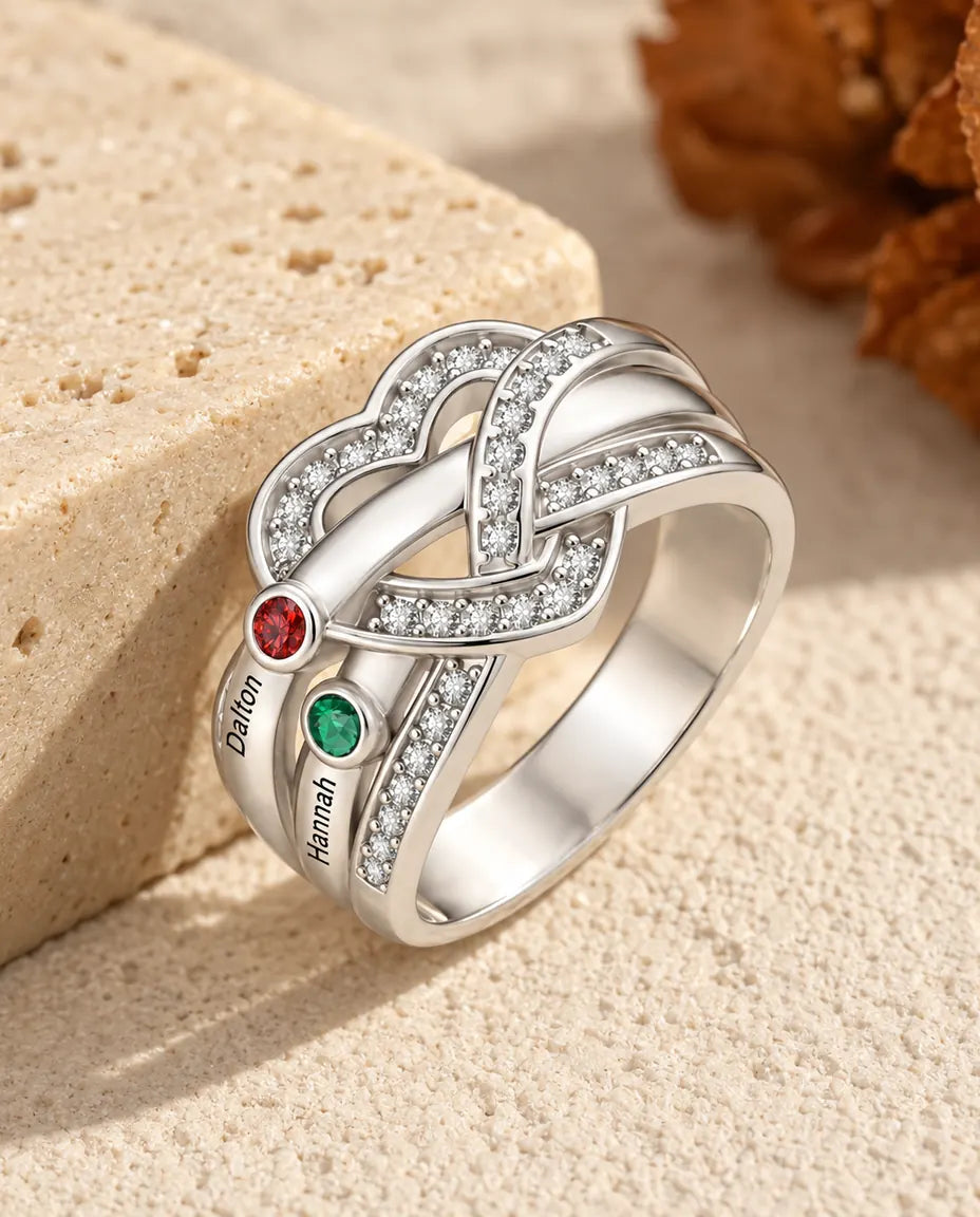 Anillo de Piedras de Nacimiento Personalizado con 2-6 Nombres - anillo familiar nudo de corazón con nombres grabados y piedras simuladas, rodiado