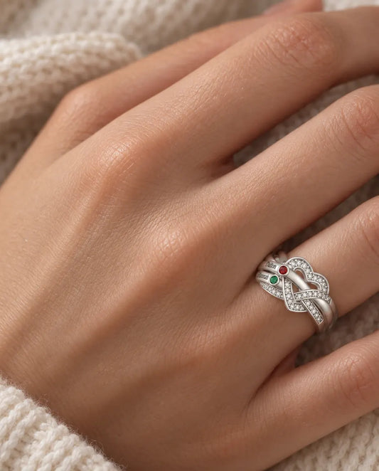 Anillo de Piedras de Nacimiento Personalizado con 2-6 Nombres - anillo familiar nudo de corazón con nombres grabados y piedras simuladas, rodiado