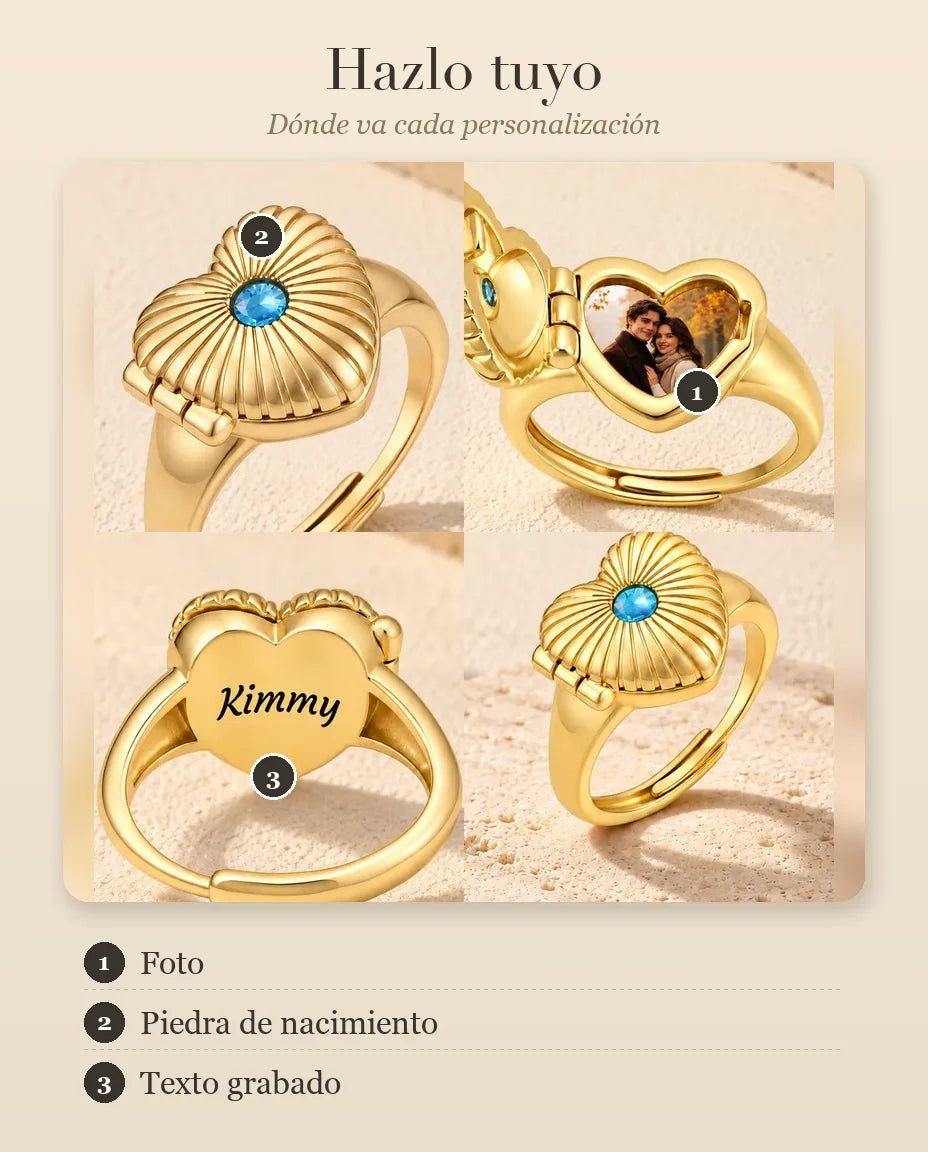 Guía de personalización del anillo relicario de corazón: foto, piedra de nacimiento y grabado