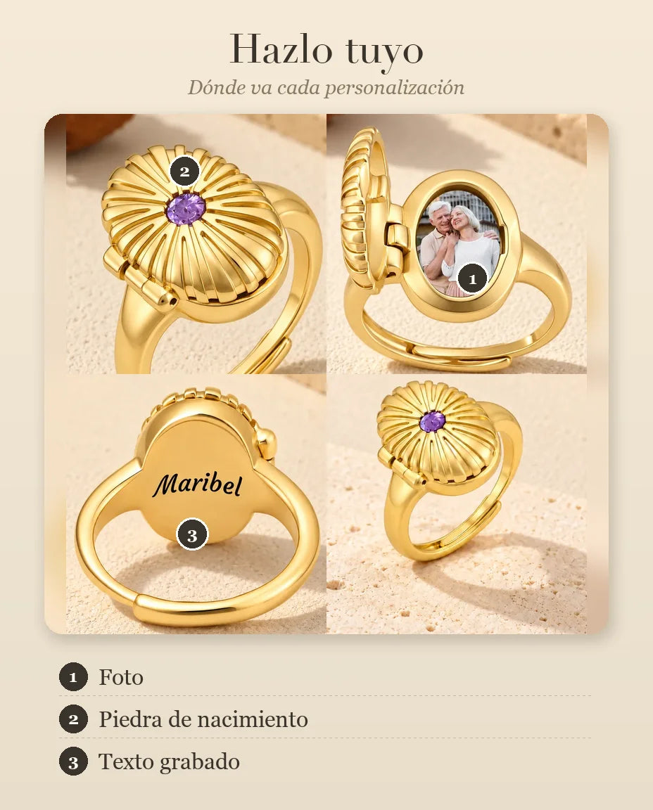 Guía de personalización del anillo relicario ovalado: foto, piedra de nacimiento y grabado