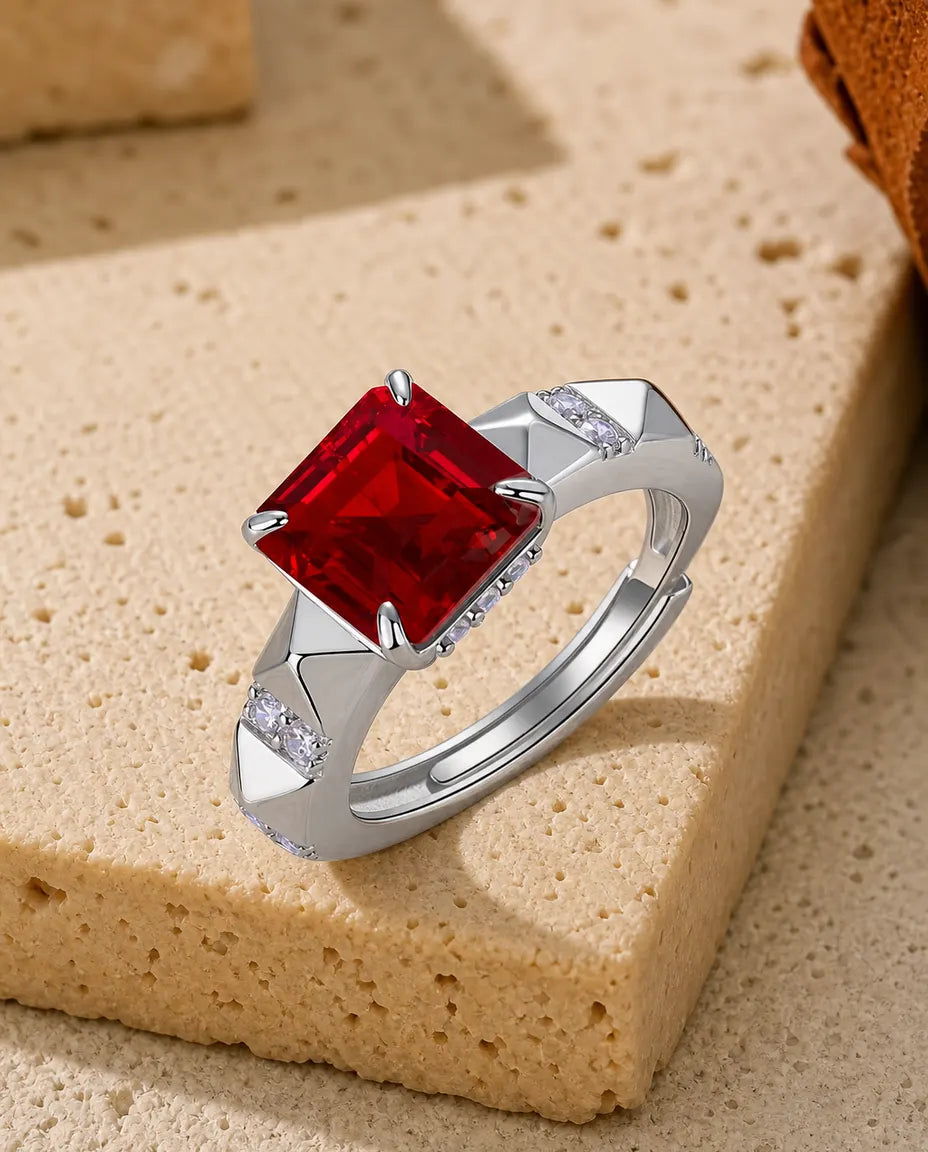 Anillo de rubí cuadrado de 8x8 mm – aro geométrico Art Déco en plata de ley 925, ajustable