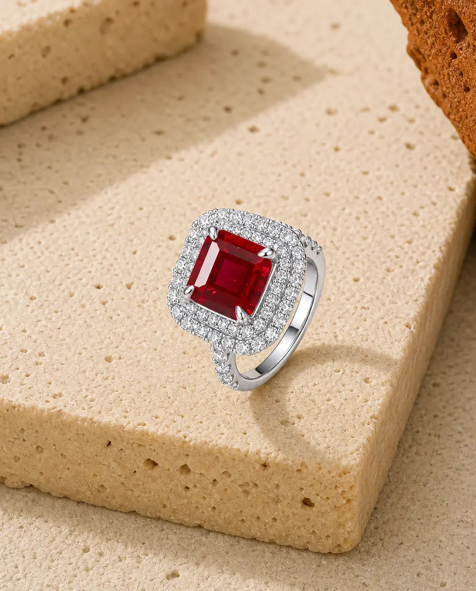 Anillo de rubí cuadrado de 8 x 8 mm – doble halo de circonitas, plata de ley 925, piedra de julio