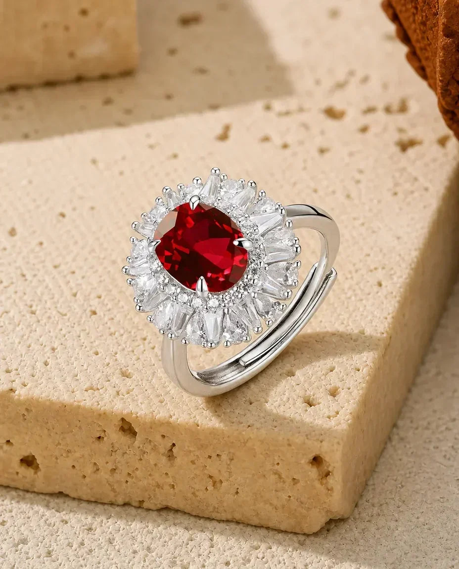 Anillo de rubí – óvalo rojo creado en laboratorio con halo de rayos en plata de ley 925, regalo de julio