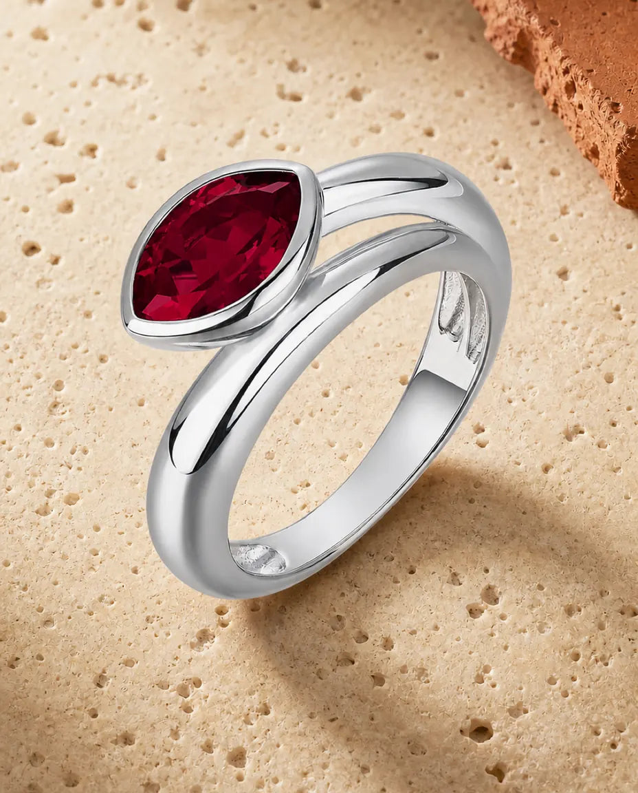Anillo de rubí creado en laboratorio – marquesa horizontal a bisel sobre aro ancho, plata de ley 925, regalo para ella