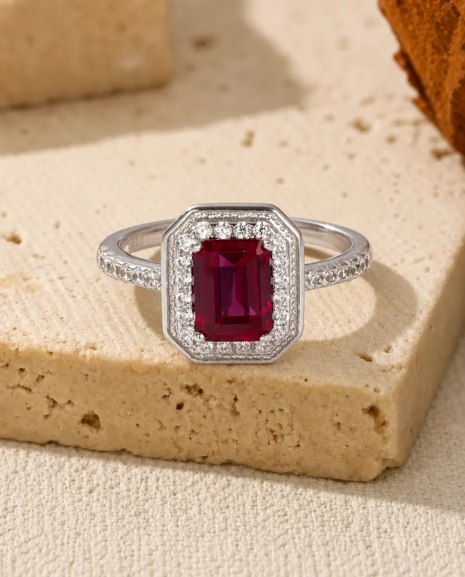 Anillo de rubí octogonal – piedra de laboratorio de 6x8 mm con halo de circonitas, plata de ley 925, regalo de julio