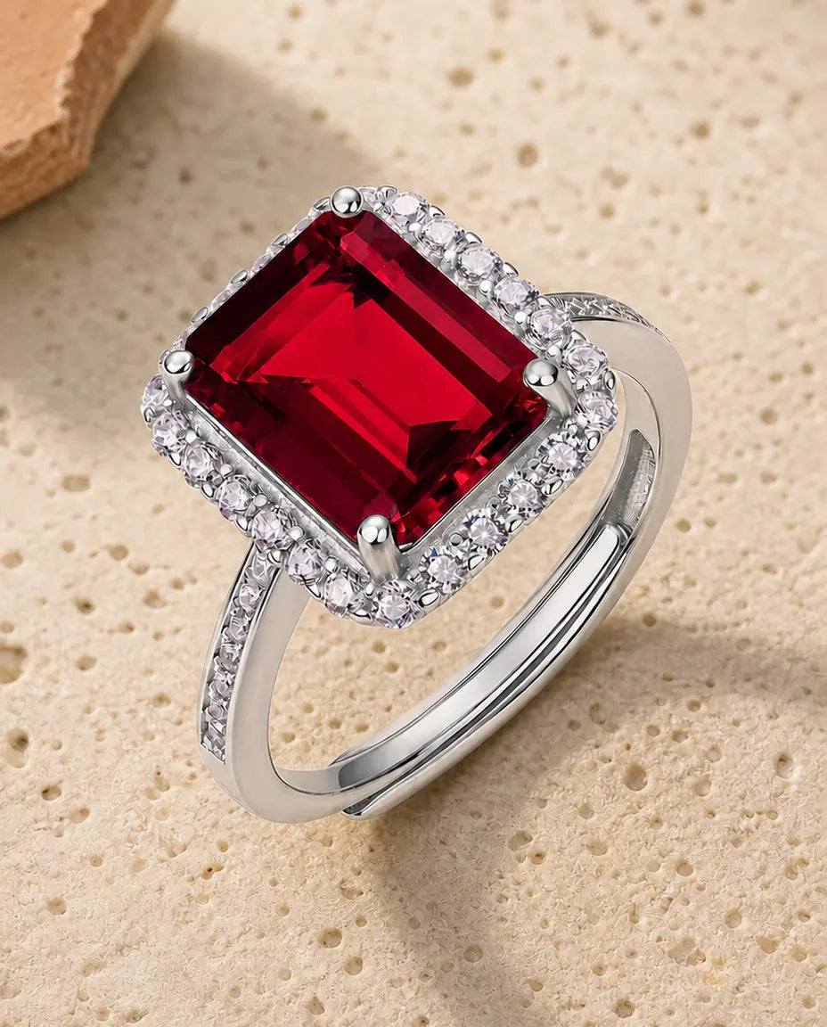 Anillo de rubí – octógono de 8x10 mm creado en laboratorio con halo pavé, aro ajustable de plata de ley 925