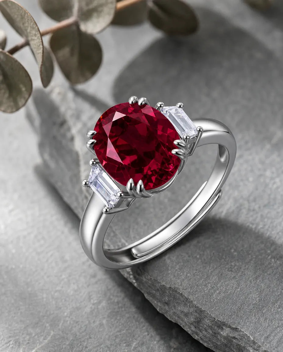 Anillo de rubí – óvalo de 8x10 mm creado en laboratorio entre baguettes, aro fino de plata de ley 925