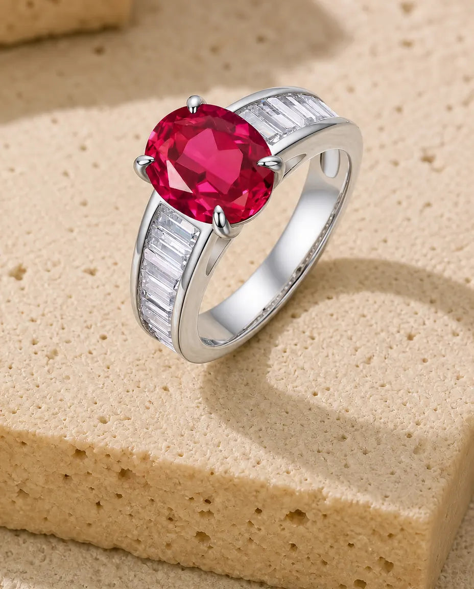 Anillo solitario de rubí ovalado – circonitas talla baguette en carril, plata de ley 925, dos tallas