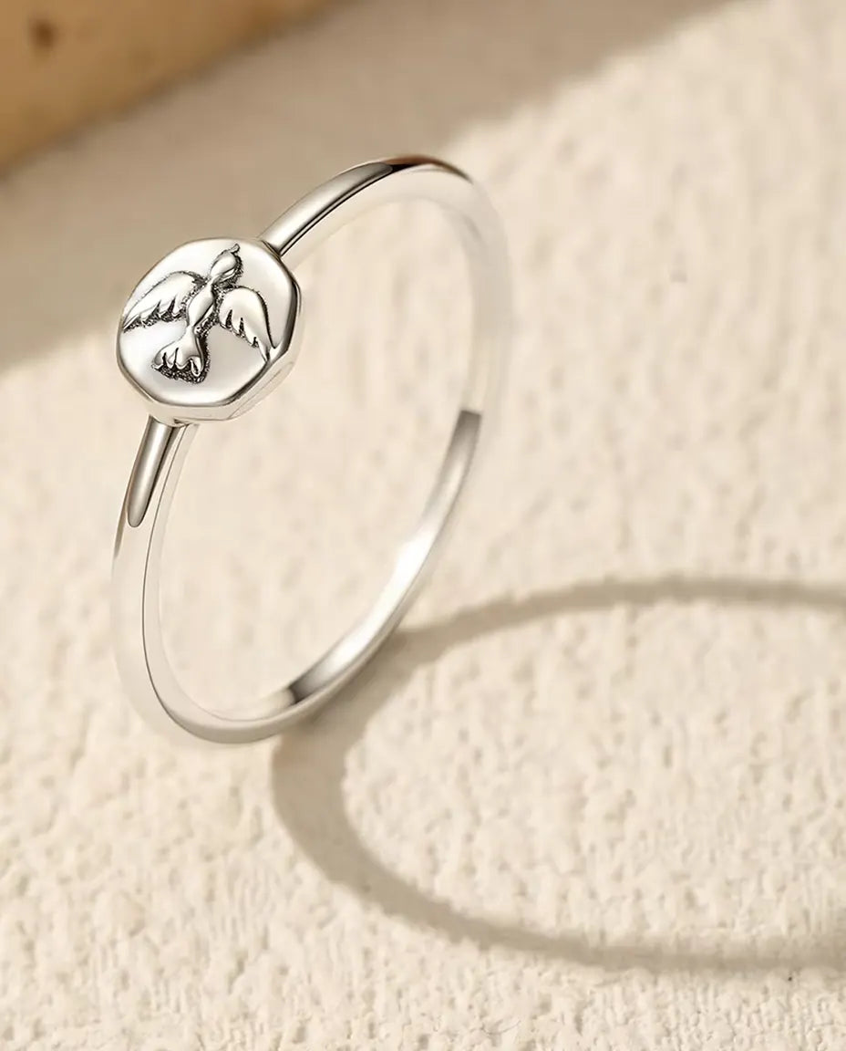 Anillo sello de paloma - Plata de ley 925, sello octogonal de 6 mm y aro fino de 1,2 mm, pensado para apilar