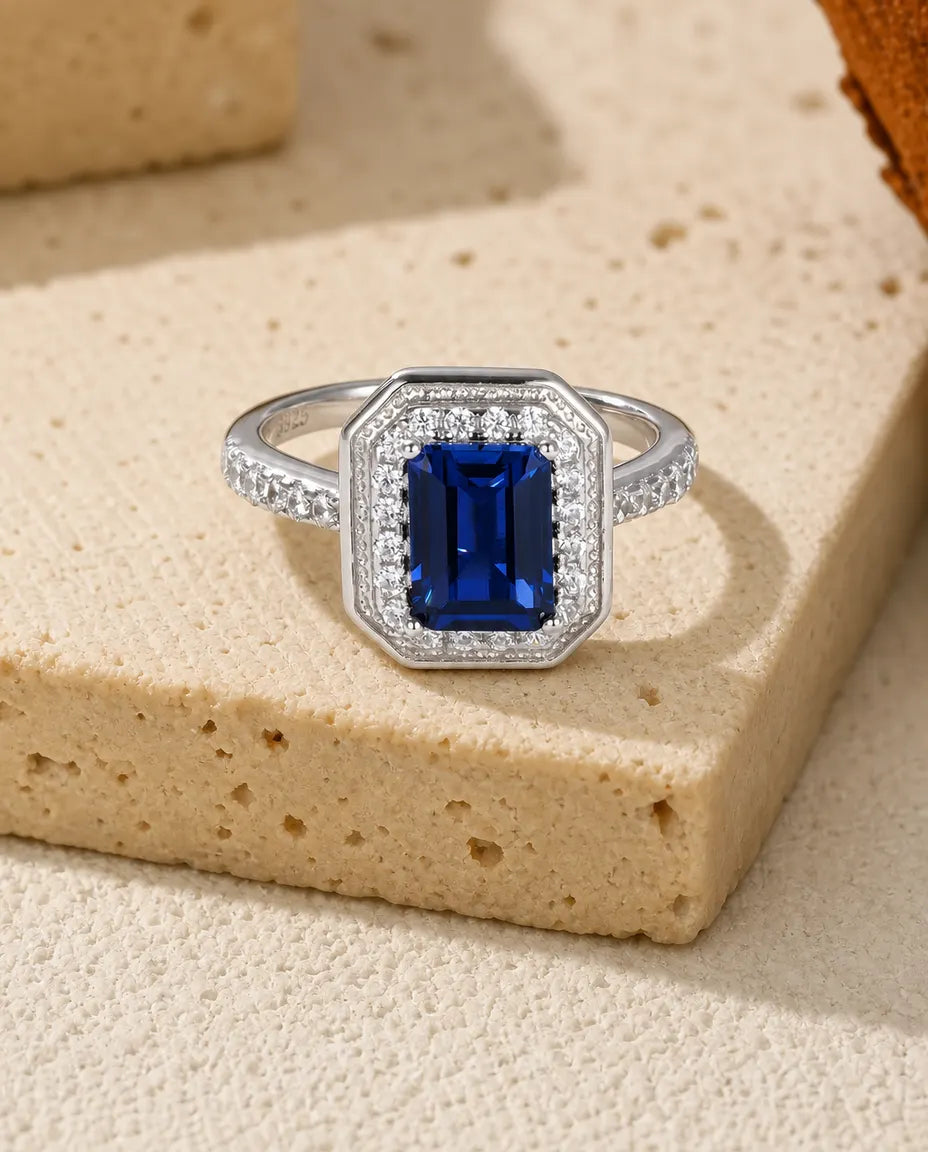Anillo de zafiro octogonal – azul de laboratorio de 6x8 mm con halo en pavé, plata de ley 925, piedra de septiembre