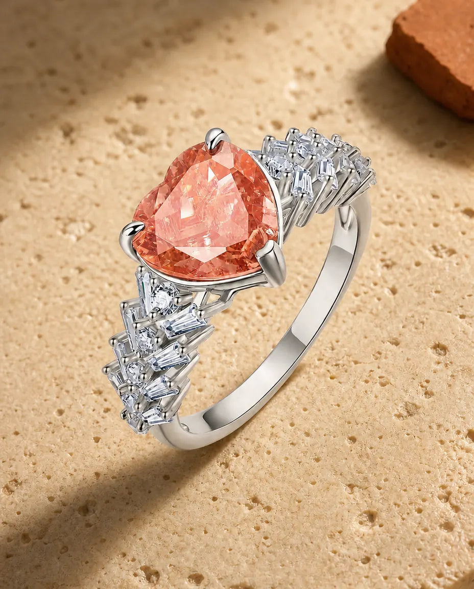 Anillo de zafiro rosa – corazón creado en laboratorio y cascada Art Déco en plata de ley 925, regalo para ella