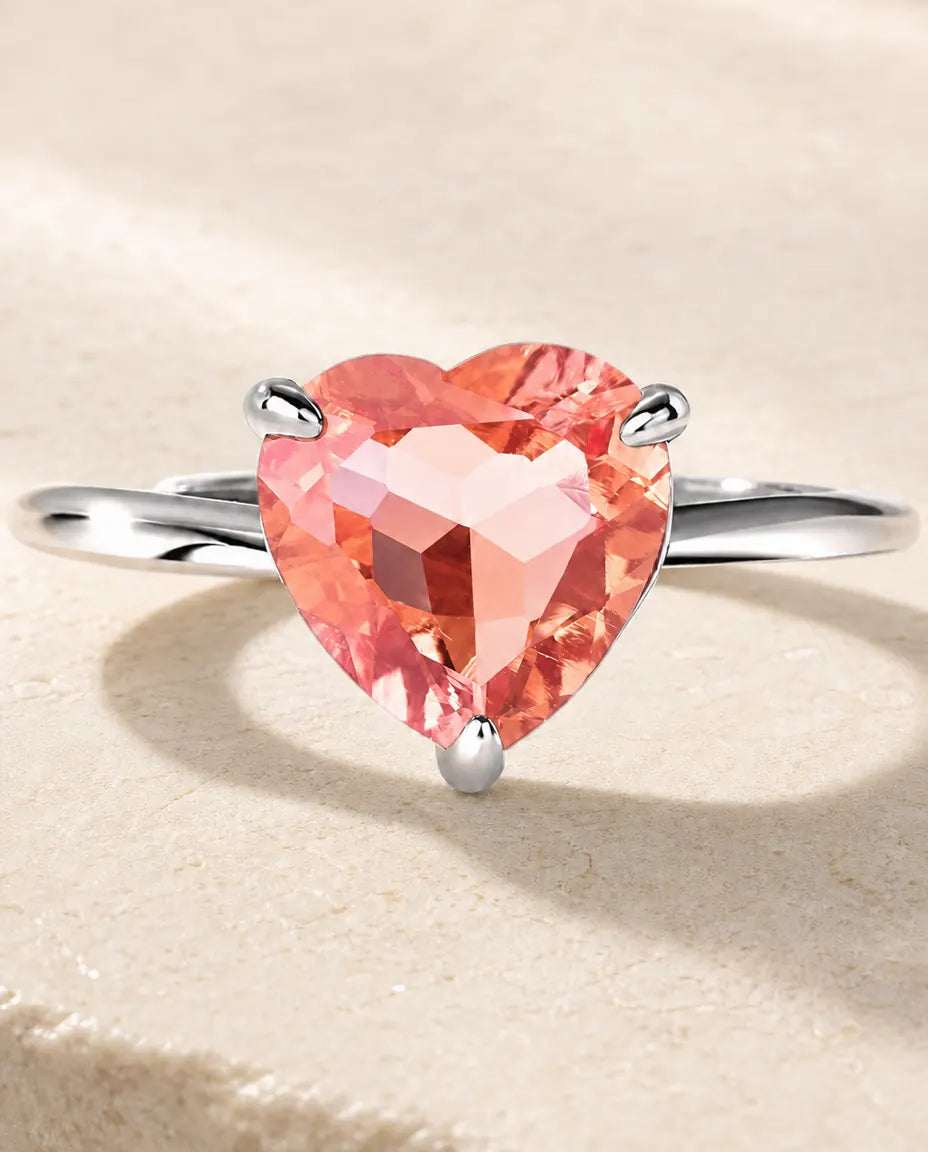 Anillo de zafiro rosa – corazón solitario creado en laboratorio, aro abierto ajustable, plata de ley 925