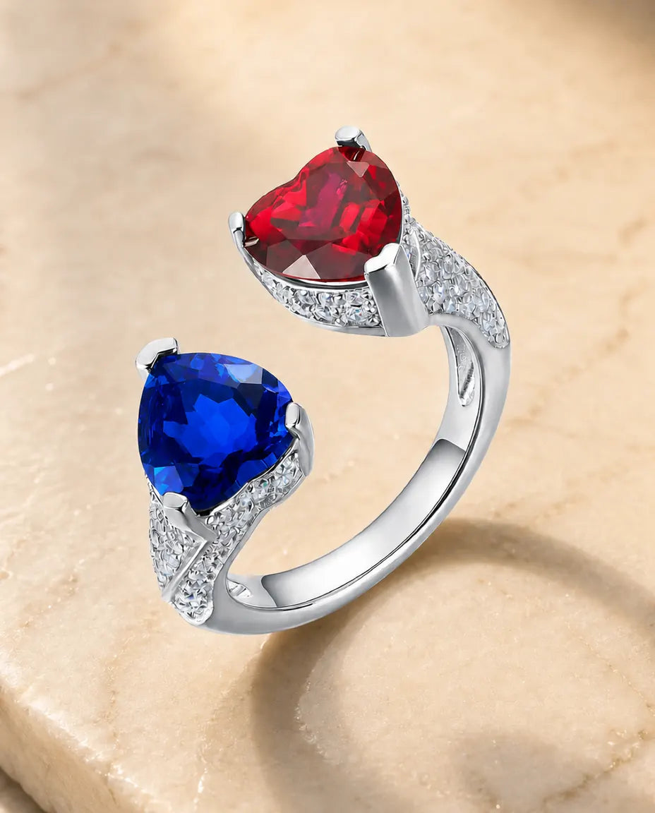 Anillo tú y yo de zafiro y rubí – dos corazones de laboratorio, plata de ley 925 ajustable, regalo de aniversario