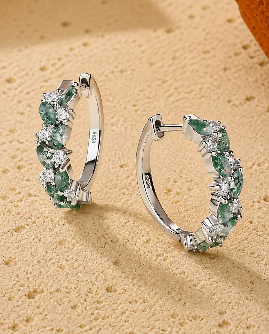 Aros de ágata musgosa - Marquesas de ágata verde y circonitas engastadas alrededor, plata de ley 925, regalo para ella
