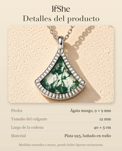 Collar de Ágata Musgosa en Forma de Abanico en Plata 925 - detalles del producto: piedras, tamaño del colgante, largo de la cadena y material