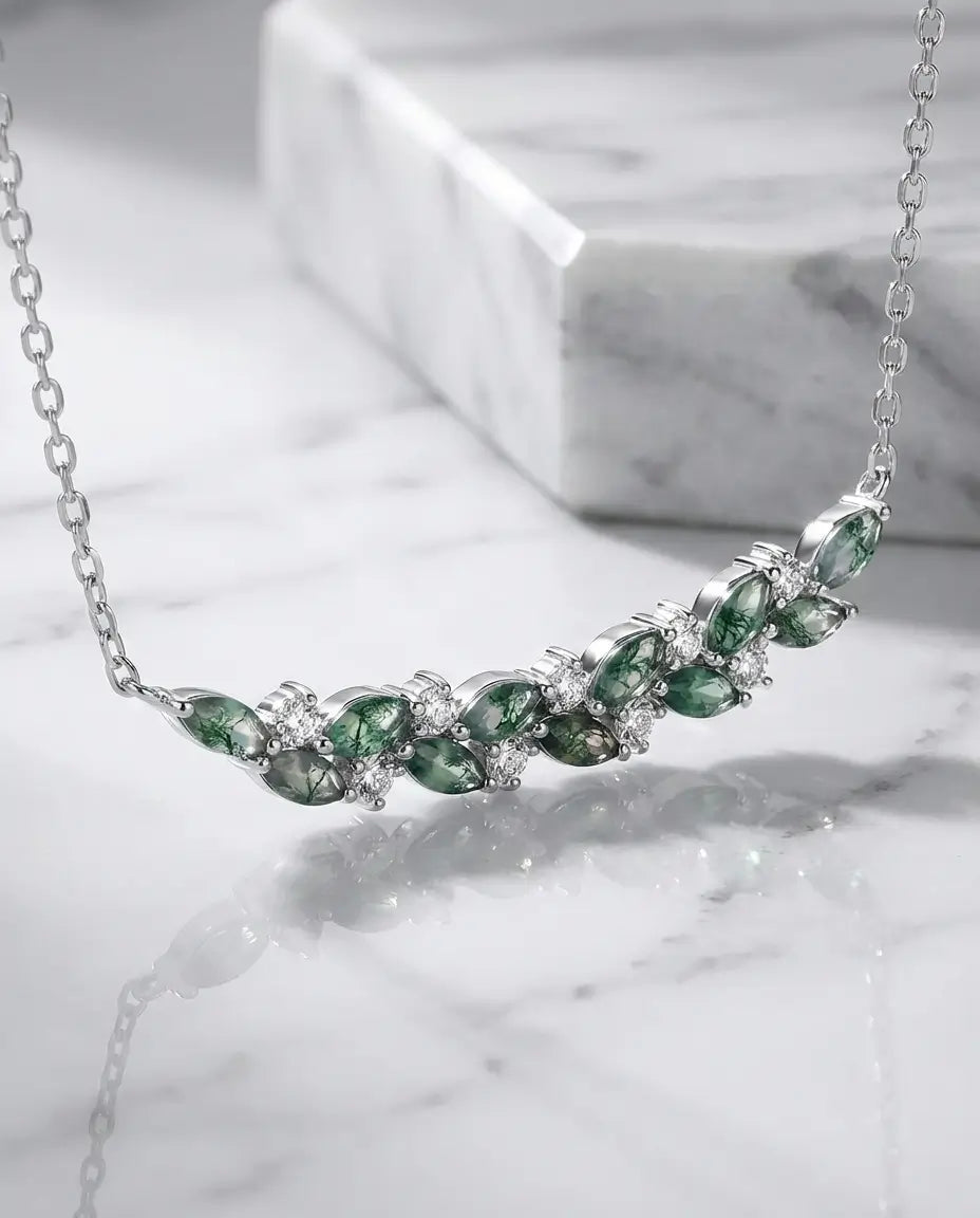 Collar de ágata musgosa – barra horizontal de hojas marquesa con circonitas, plata de ley 925