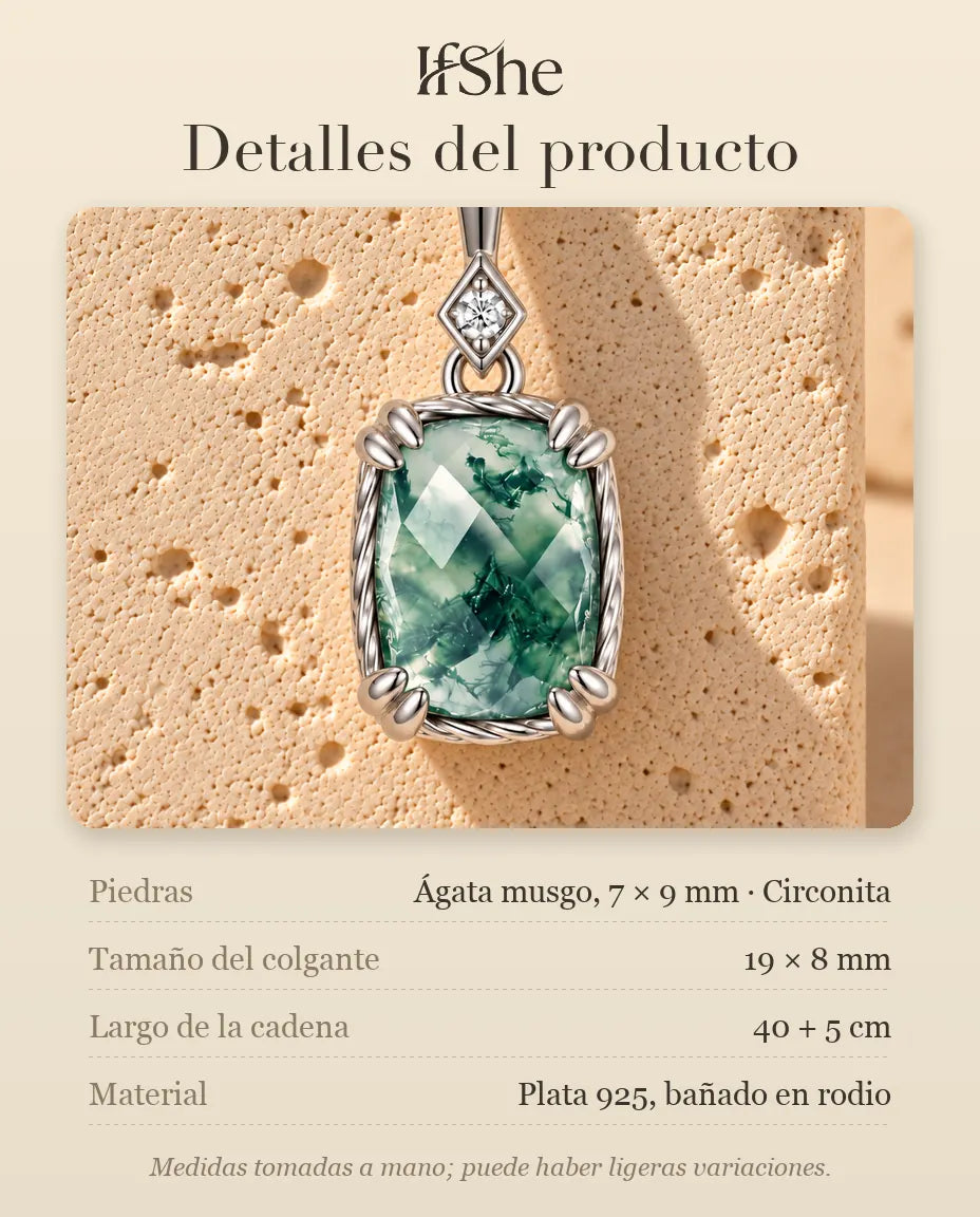 Collar con Colgante de Ágata Musgosa en Plata 925 - detalles del producto: piedras, tamaño del colgante, largo de la cadena y material
