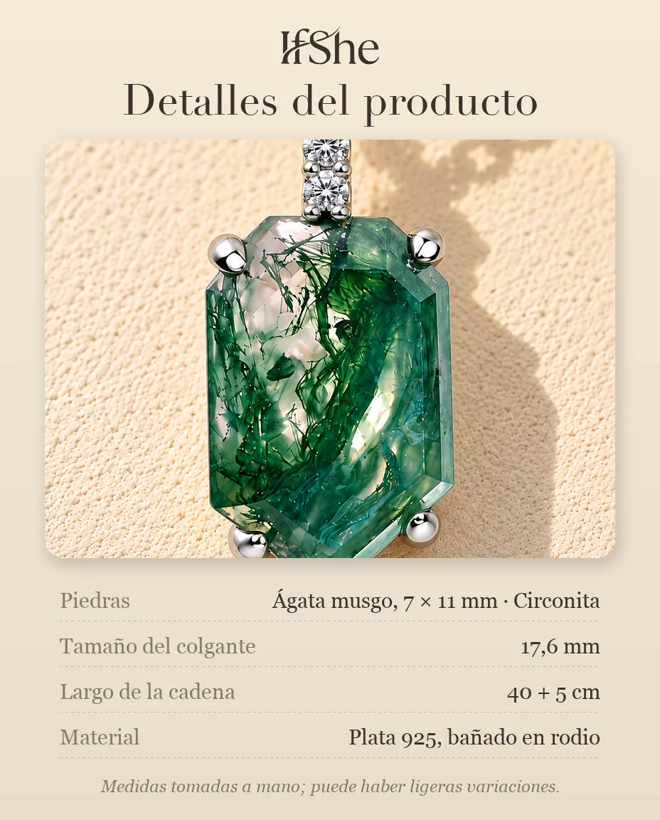 Collar de Ágata Musgosa con Colgante Escudo en Plata 925 - detalles del producto: piedras, tamaño del colgante, largo de la cadena y material