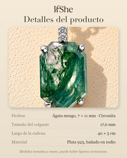 Collar de Ágata Musgosa con Colgante Escudo en Plata 925 - detalles del producto: piedras, tamaño del colgante, largo de la cadena y material
