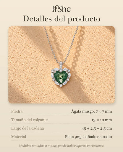 Collar de Ágata Musgosa Corazón con Halo en Plata 925 - detalles del producto: piedras, tamaño del colgante, largo de la cadena y material