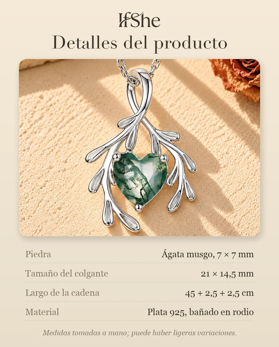 Collar de Ágata Musgosa Corazón y Ramas en Plata 925 - detalles del producto: piedras, tamaño del colgante, largo de la cadena y material