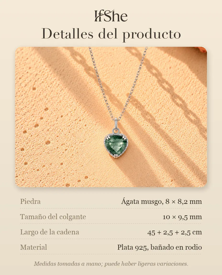 Collar Colgante Corazón de Ágata Musgosa en Plata 925 - detalles del producto: piedras, tamaño del colgante, largo de la cadena y material