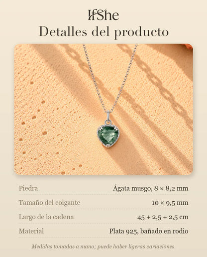 Collar Colgante Corazón de Ágata Musgosa en Plata 925 - detalles del producto: piedras, tamaño del colgante, largo de la cadena y material