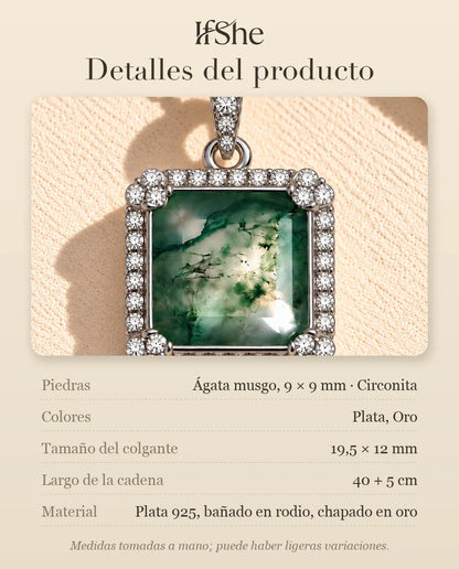 Collar de Ágata Musgosa Cuadrada en Plata 925 - detalles del producto: piedras, tamaño del colgante, largo de la cadena y material