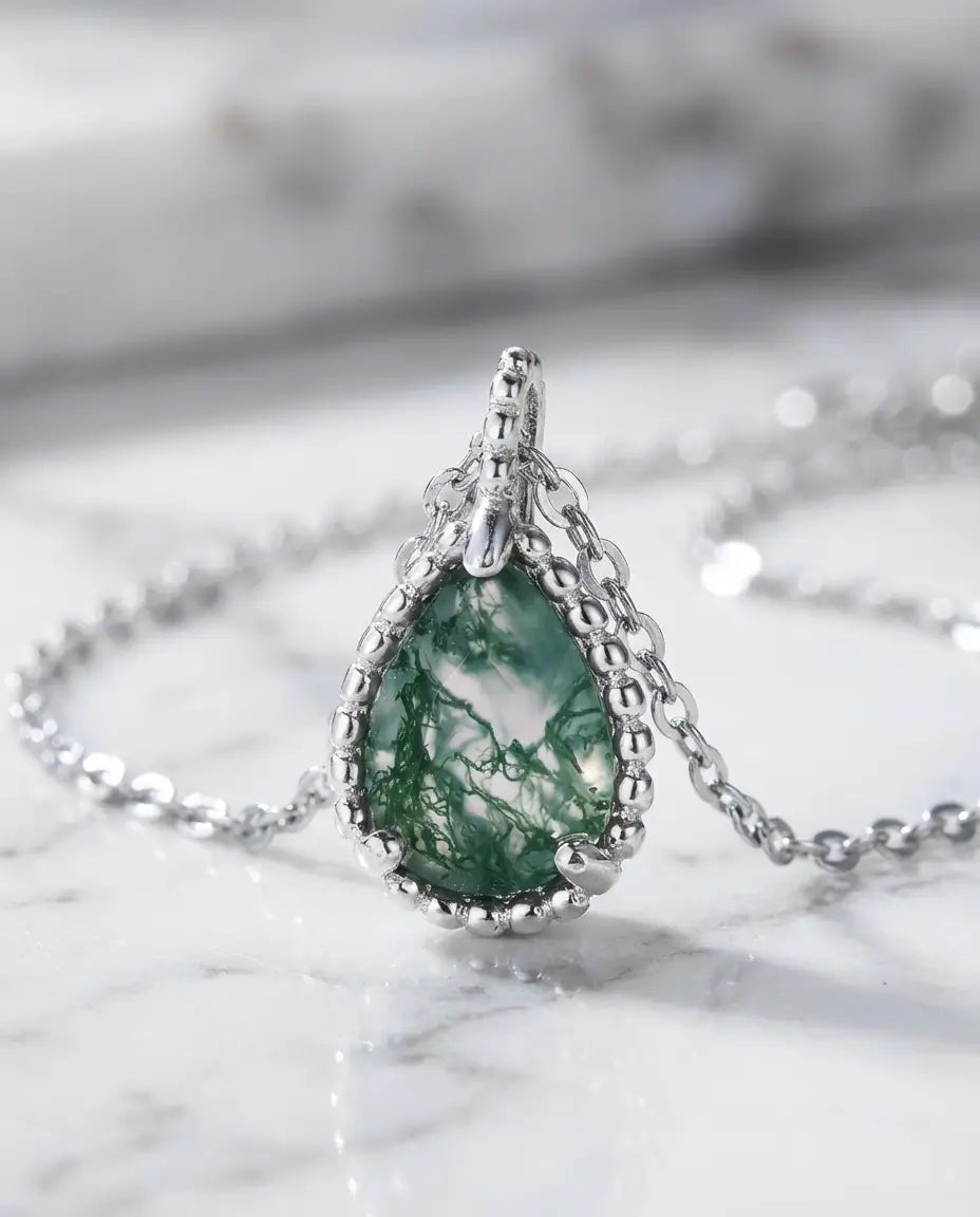 Collar de ágata musgosa – gota natural de 6x8 mm en plata de ley 925, regalo de cumpleaños para ella