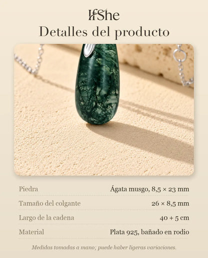 Collar de Ágata Musgosa en Forma de Gota en Plata 925 - detalles del producto: piedras, tamaño del colgante, largo de la cadena y material