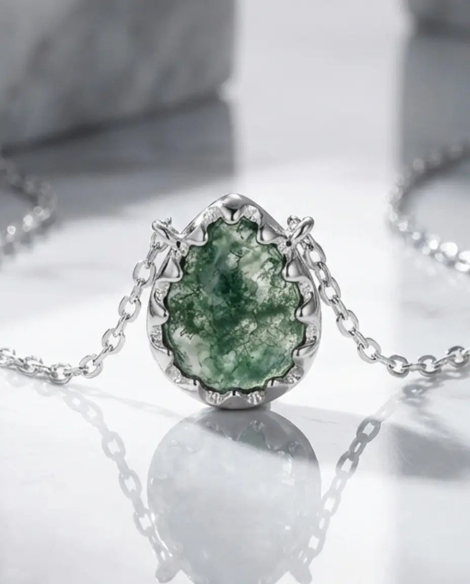 Collar de ágata musgosa – gota con inclusiones dendríticas verdes, plata de ley 925, regalo de aniversario