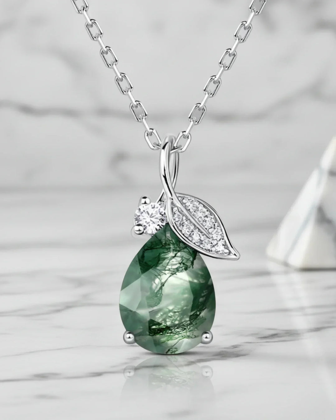 Collar de ágata musgosa – colgante en gota con hoja y circonita, plata de ley 925, regalo para ella