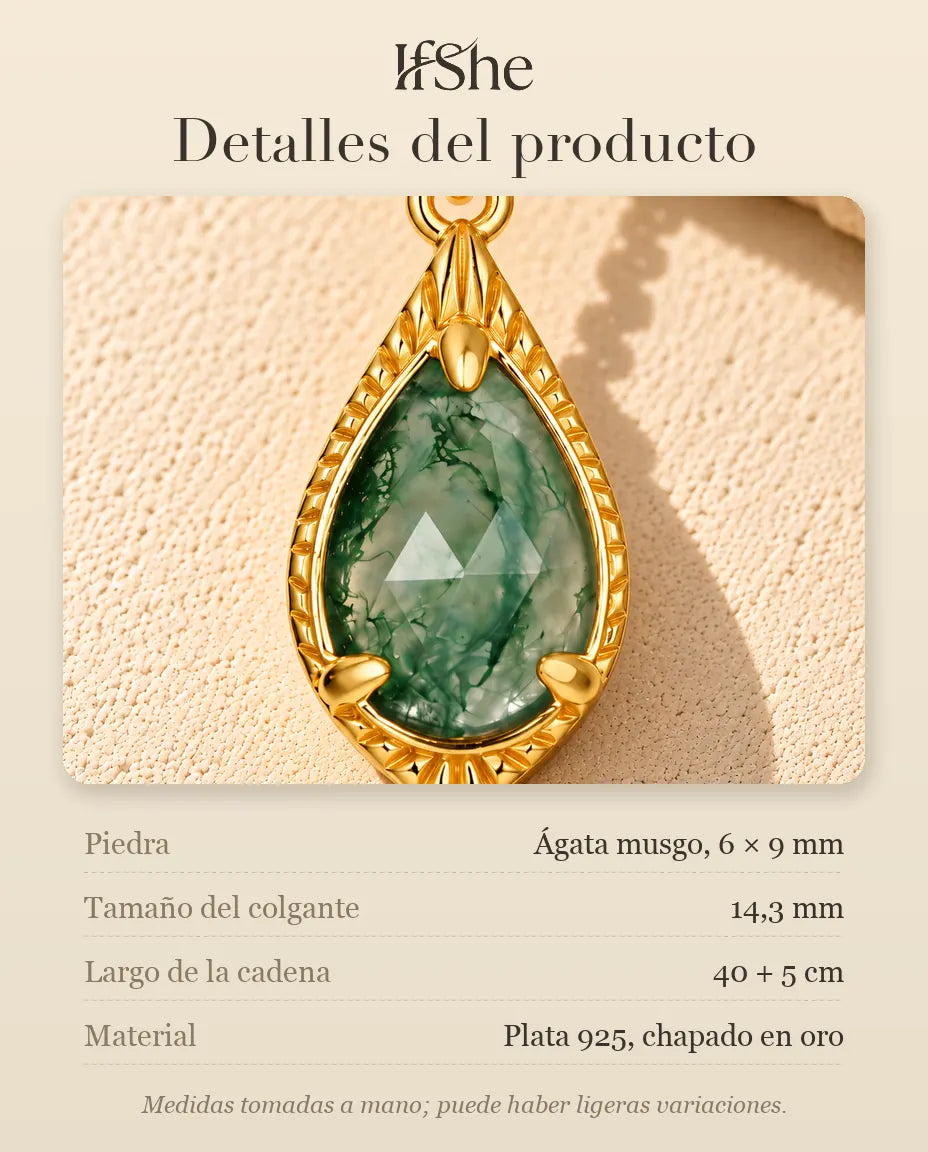 Collar de Ágata Musgosa en Forma de Gota en Plata 925 Chapada en Oro - detalles del producto: piedras, tamaño del colgante, largo de la cadena y material