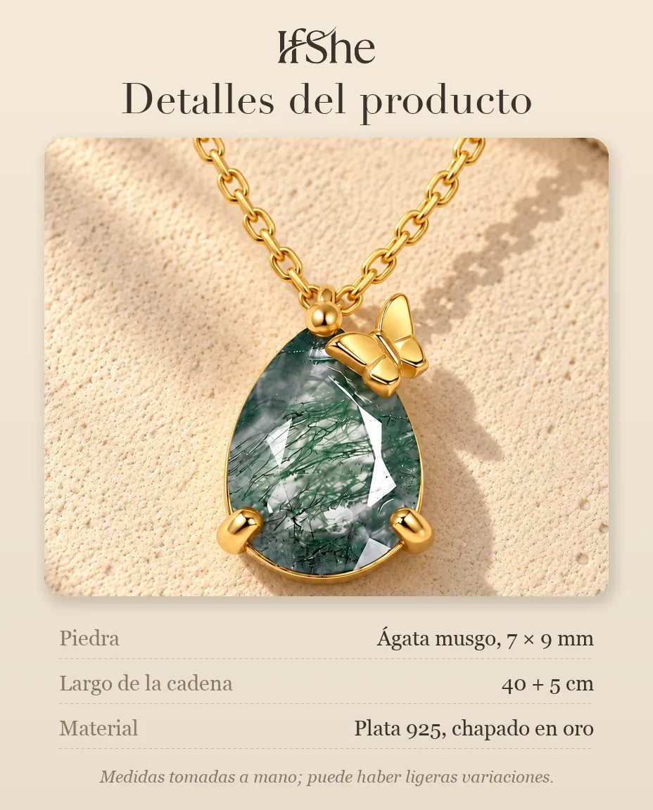 Collar de Ágata Musgosa en Forma de Gota en Plata 925 Chapada en Oro - detalles del producto: tamaño de la piedra, largo de la cadena y material