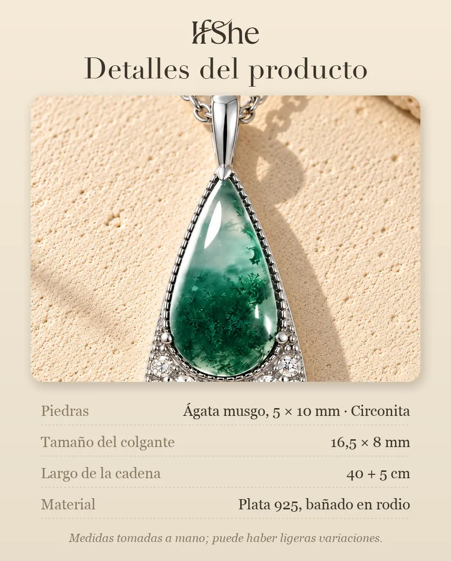 Collar de Ágata Musgosa Triángulo en Plata 925 - detalles del producto: piedras, tamaño del colgante, largo de la cadena y material