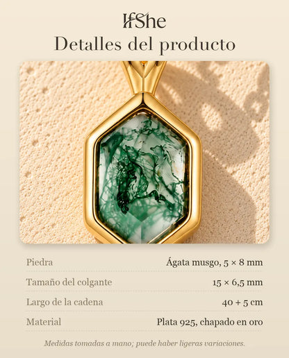 Collar de Ágata Musgosa Hexagonal en Plata 925 Chapada en Oro - detalles del producto: piedras, tamaño del colgante, largo de la cadena y material