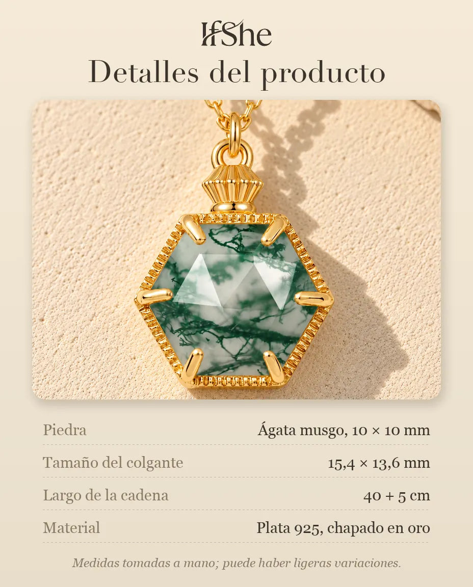 Collar de Ágata Musgosa Hexagonal en Plata 925 Chapada en Oro - detalles del producto: piedras, tamaño del colgante, largo de la cadena y material