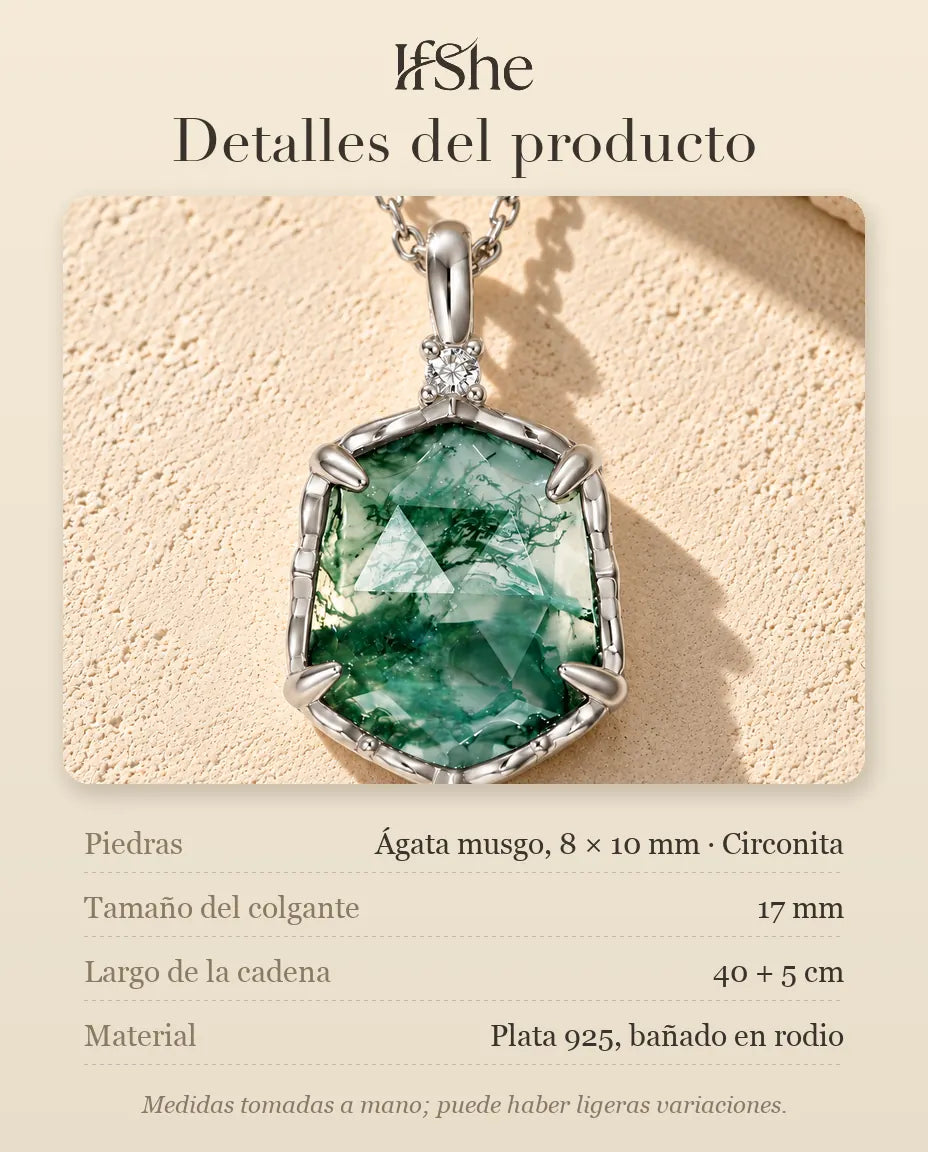 Collar de Ágata Musgosa Hexagonal en Plata 925 - detalles del producto: piedras, tamaño del colgante, largo de la cadena y material