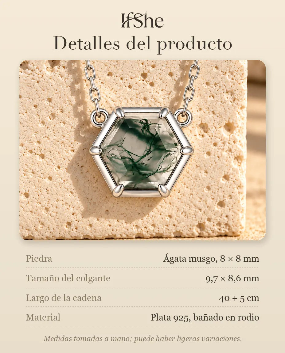 Collar de Ágata Musgosa Hexagonal en Plata 925 - detalles del producto: piedras, tamaño del colgante, largo de la cadena y material