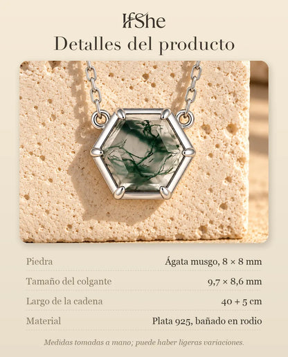 Collar de Ágata Musgosa Hexagonal en Plata 925 - detalles del producto: piedras, tamaño del colgante, largo de la cadena y material