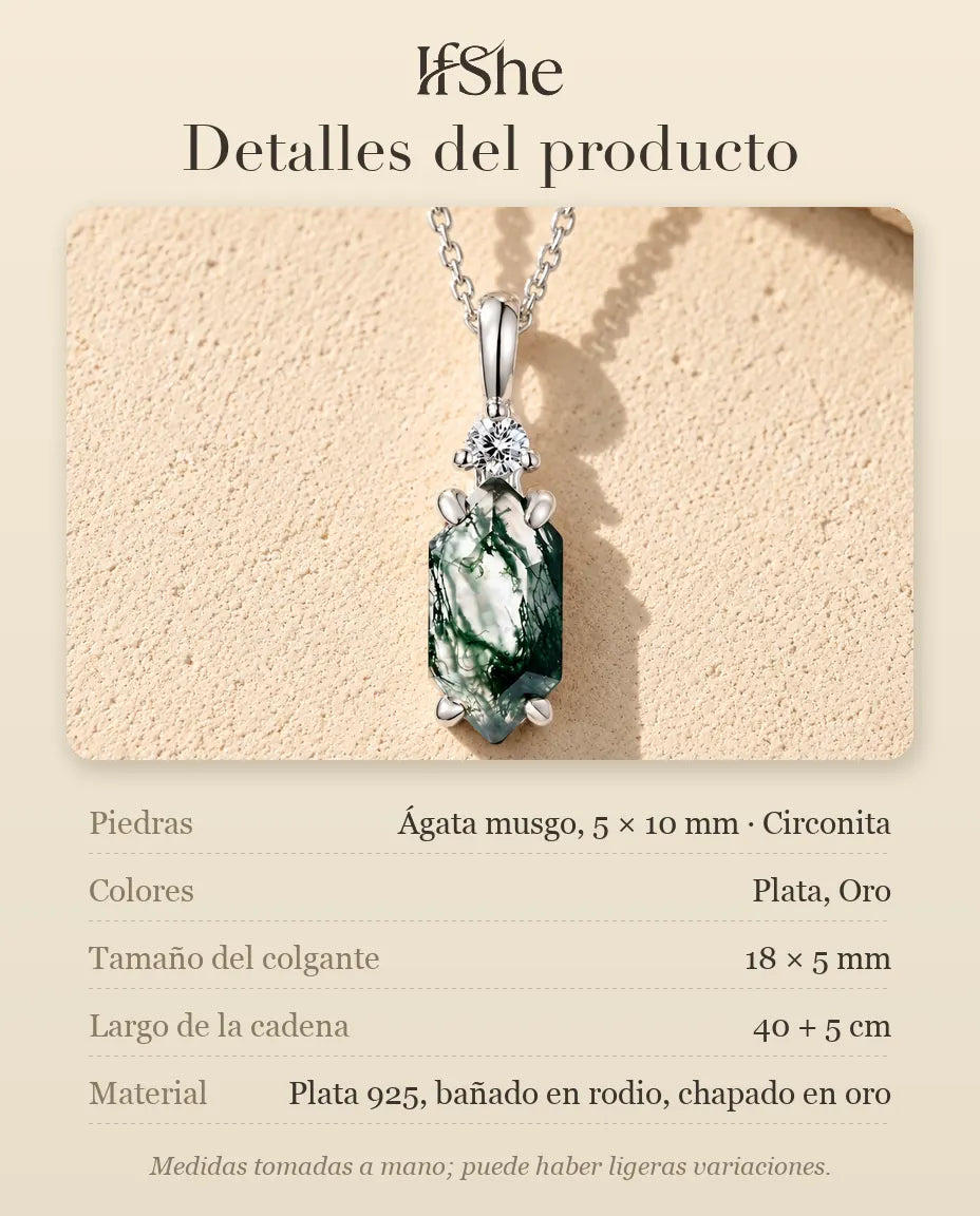 Collar de Ágata Musgosa Hexagonal Fino en Plata 925 - detalles del producto: piedras, tamaño del colgante, largo de la cadena y material