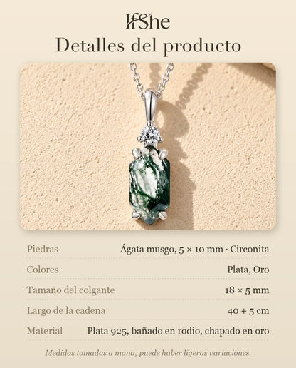 Collar de Ágata Musgosa Hexagonal Fino en Plata 925 - detalles del producto: piedras, tamaño del colgante, largo de la cadena y material