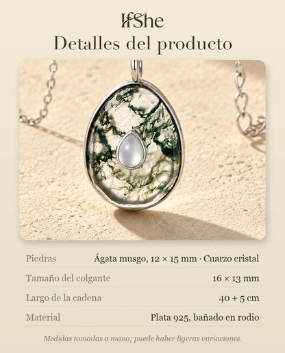 Collar de Ágata Musgosa en Forma de Huevo en Plata 925 - detalles del producto: piedras, tamaño del colgante, largo de la cadena y material